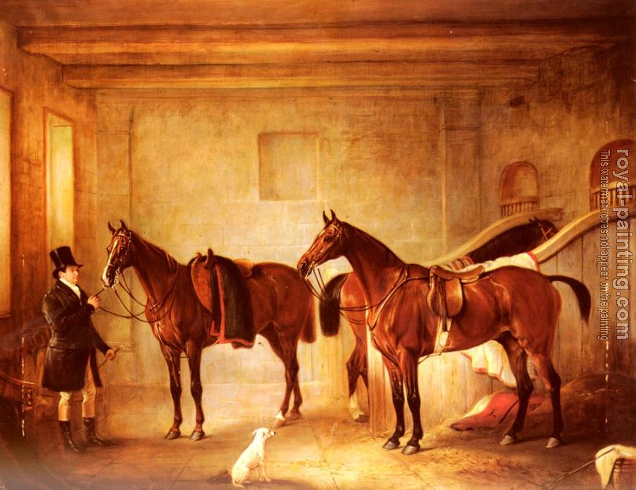 John Ferneley : Sir John Thorold's Bay Hunters With Their Groom In A Stable
